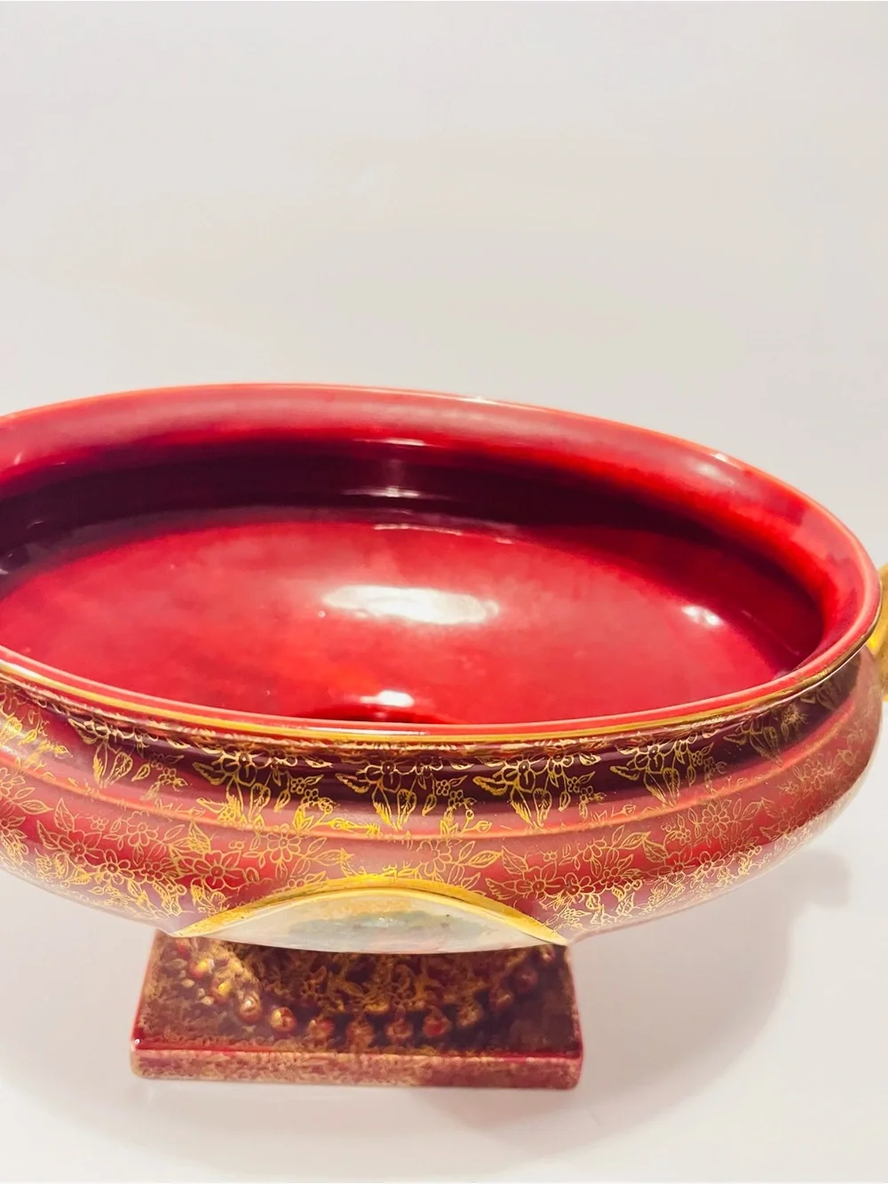 Vintage 1930’s Empire Ware Wine Red & Gold Floral Design Set of 2  Footed Urns